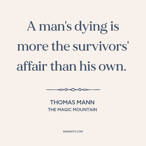 A quote by Thomas Mann about death: “A man's dying is more the survivors' affair than his own.”