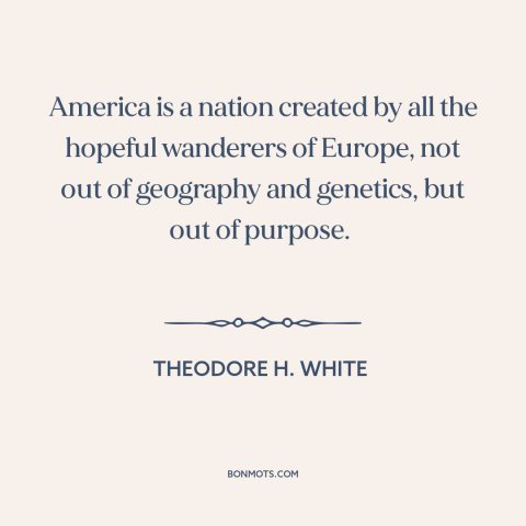 A quote by Theodore H. White about American character: “America is a nation created by all the hopeful wanderers of…”