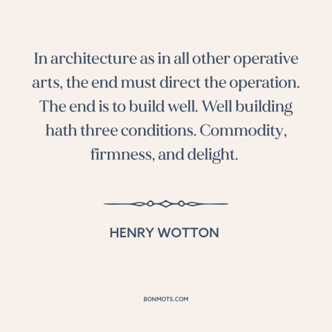 A quote by Henry Wotton about architecture: “In architecture as in all other operative arts, the end must direct the…”