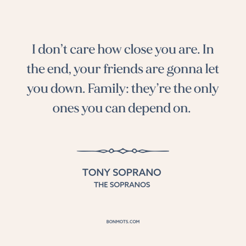 A quote from The Sopranos about friends and family: “I don’t care how close you are. In the end, your friends are gonna…”