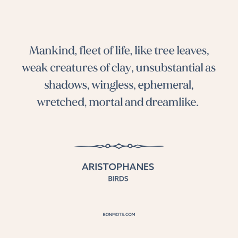 A quote by Aristophanes about ephemeral nature of life: “Mankind, fleet of life, like tree leaves, weak creatures…”