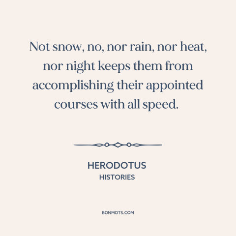 A quote by Herodotus about overcoming obstacles: “Not snow, no, nor rain, nor heat, nor night keeps them from…”