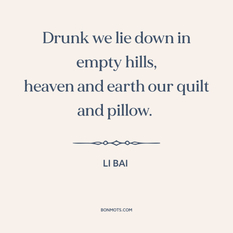 A quote by Li Bai about spending time in nature: “Drunk we lie down in empty hills, heaven and earth our quilt and pillow.”