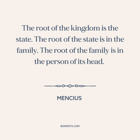 A quote by Mencius about political theory: “The root of the kingdom is the state. The root of the state is in…”