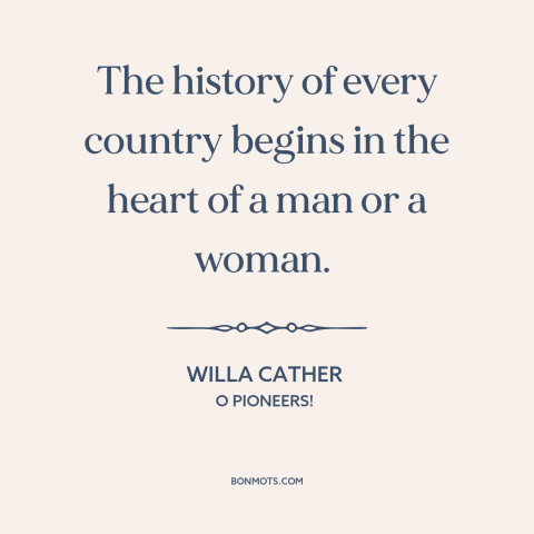 A quote by Willa Cather about nature of history: “The history of every country begins in the heart of a man or a…”