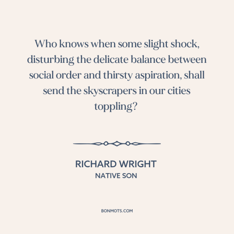 A quote by Richard Wright about riots: “Who knows when some slight shock, disturbing the delicate balance between social…”