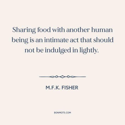 A quote by M.F.K. Fisher about eating: “Sharing food with another human being is an intimate act that should not be…”