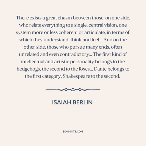 A quote by Isaiah Berlin about hedgehogs and foxes: “There exists a great chasm between those, on one side, who…”