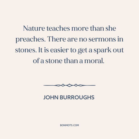 A quote by John Burroughs about learning from nature: “Nature teaches more than she preaches. There are no sermons in…”