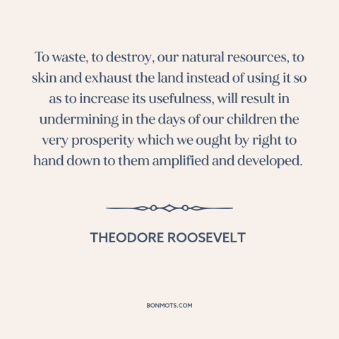 A quote by Theodore Roosevelt about environmental destruction: “To waste, to destroy, our natural resources, to skin…”