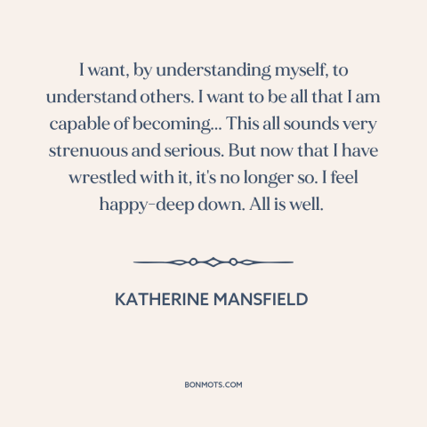 A quote by Katherine Mansfield about understanding oneself: “I want, by understanding myself, to understand others. I want…”