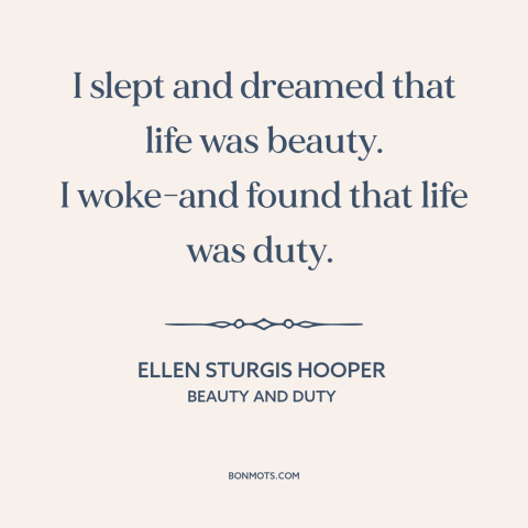 A quote by Ellen Sturgis Hooper about dreams: “I slept and dreamed that life was beauty. I woke-and found that life was…”