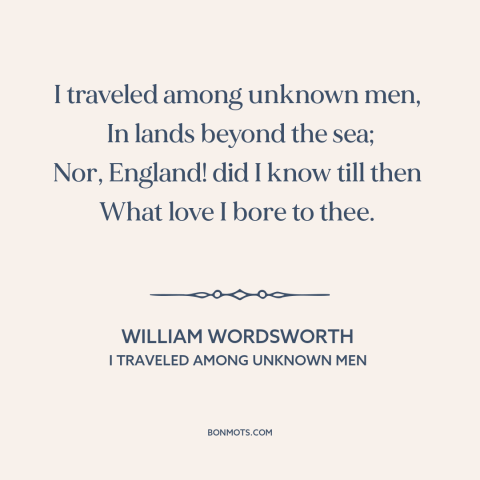 A quote by William Wordsworth about one's native land: “I traveled among unknown men, In lands beyond the sea; Nor…”