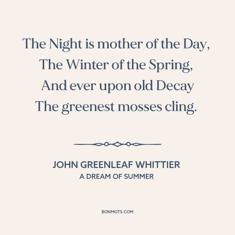 A quote by John Greenleaf Whittier  about night and day: “The Night is mother of the Day, The Winter of the Spring…”