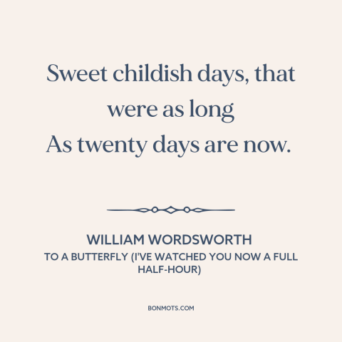 A quote by William Wordsworth about childhood: “Sweet childish days, that were as long As twenty days are now.”