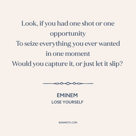 A quote by Eminem about opportunities: “Look, if you had one shot or one opportunity To seize everything you ever…”