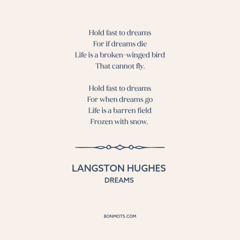 A quote by Langston Hughes about dreams: “Hold fast to dreams For if dreams die Life is a broken-winged bird That…”