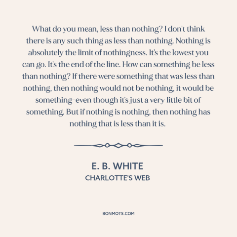 A quote by E.B. White about nothingness: “What do you mean, less than nothing? I don't think there is any such…”