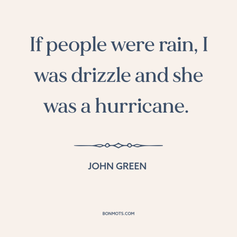 A quote by John Green about opposites attract: “If people were rain, I was drizzle and she was a hurricane.”