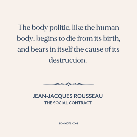 A quote by Jean-Jacques Rousseau about political community: “The body politic, like the human body, begins to die from…”