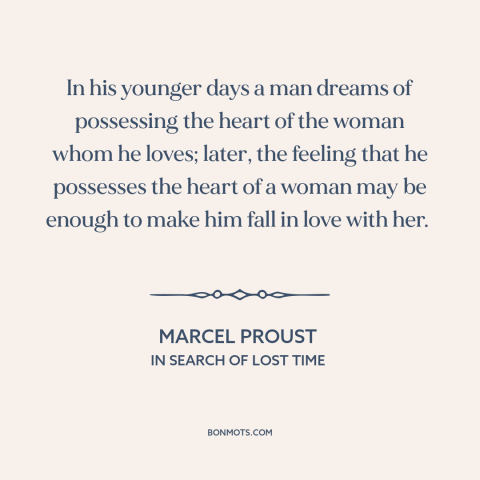 A quote by Marcel Proust about men and women: “In his younger days a man dreams of possessing the heart of the woman…”