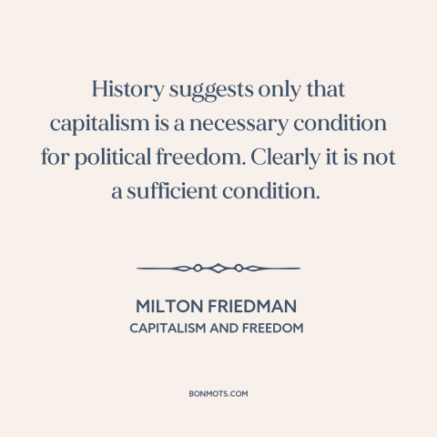 A quote by Milton Friedman about political theory: “History suggests only that capitalism is a necessary condition…”