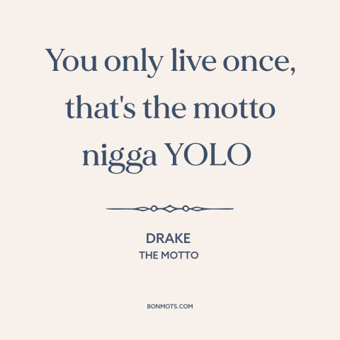 A quote by Drake about living life to the fullest: “You only live once, that's the motto nigga YOLO”