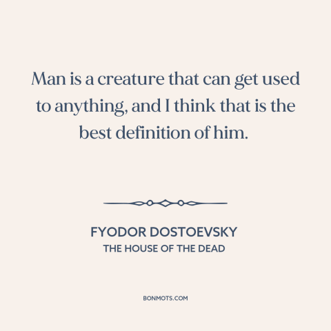 A quote by Fyodor Dostoevsky about adaptability: “Man is a creature that can get used to anything, and I think that…”