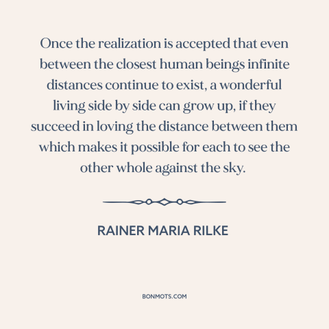 A quote by Rainer Maria Rilke about connecting with others: “Once the realization is accepted that even between…”