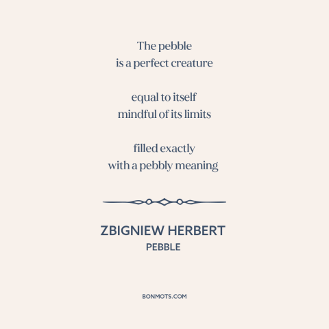 A quote by Zbigniew Herbert about nature: “The pebble is a perfect creature equal to itself mindful of its limits…”