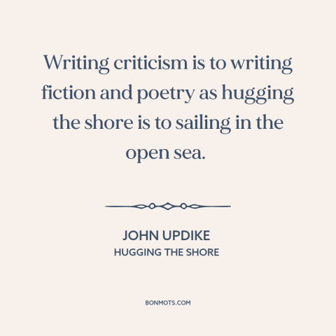 A quote by John Updike about critics: “Writing criticism is to writing fiction and poetry as hugging the shore is to…”