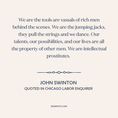 A quote by John Swinton about journalism: “We are the tools are vassals of rich men behind the scenes. We are…”