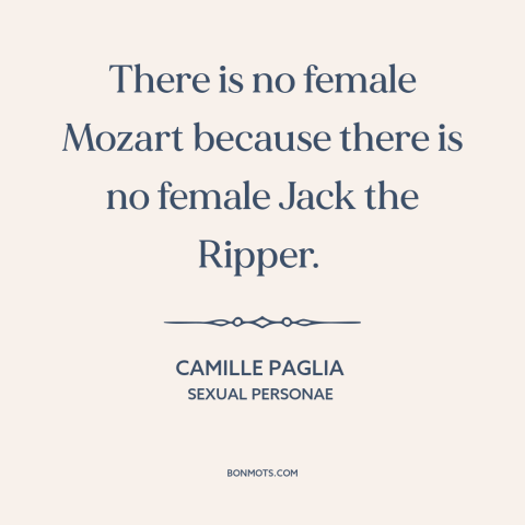 A quote by Camille Paglia about differences between men and women: “There is no female Mozart because there is no female…”