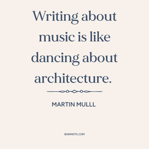 A quote by Martin Mull about music: “Writing about music is like dancing about architecture.”