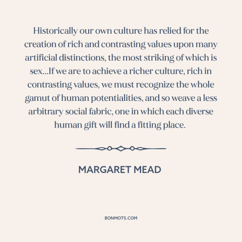 A quote by Margaret Mead about gender roles: “Historically our own culture has relied for the creation of rich…”