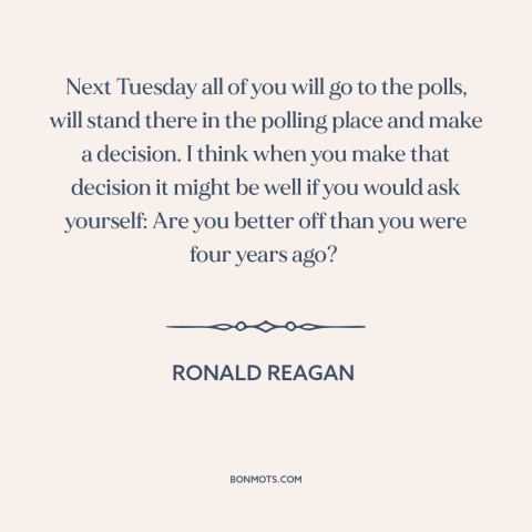 A quote by Ronald Reagan about elections: “Next Tuesday all of you will go to the polls, will stand there in…”