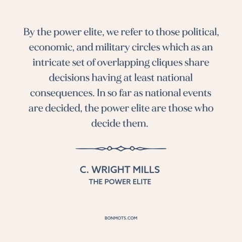 A quote by C. Wright Mills about American elite: “By the power elite, we refer to those political, economic, and…”