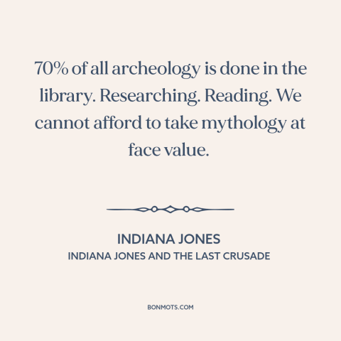 A quote from Indiana Jones and the Last Crusade about archaeology: “70% of all archeology is done in the library.”