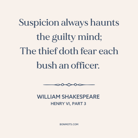 A quote by William Shakespeare about guilty conscience: “Suspicion always haunts the guilty mind; The thief doth fear…”