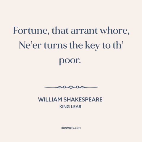 A quote by William Shakespeare about fortune: “Fortune, that arrant whore, Ne’er turns the key to th’ poor.”