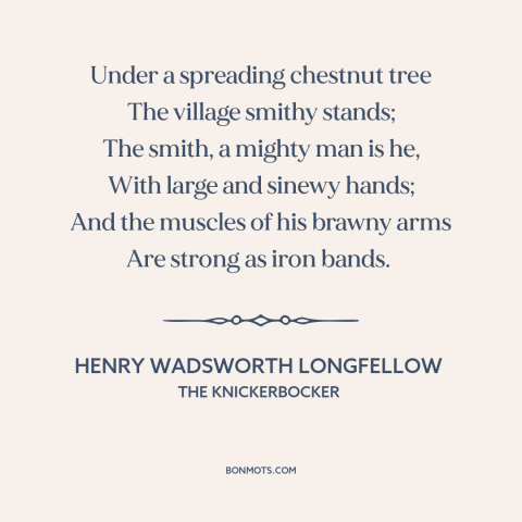 A quote by Henry Wadsworth Longfellow about small town life: “Under a spreading chestnut tree The village smithy stands;…”