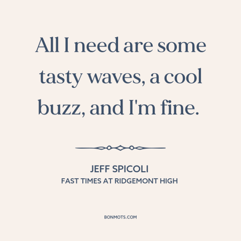 A quote from Fast Times at Ridgemont High about surfing: “All I need are some tasty waves, a cool buzz, and I'm fine.”