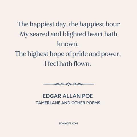 A quote by Edgar Allan Poe about the best is over: “The happiest day, the happiest hour My seared and blighted heart…”