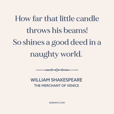 A quote by William Shakespeare about good works: “How far that little candle throws his beams! So shines a good deed in…”