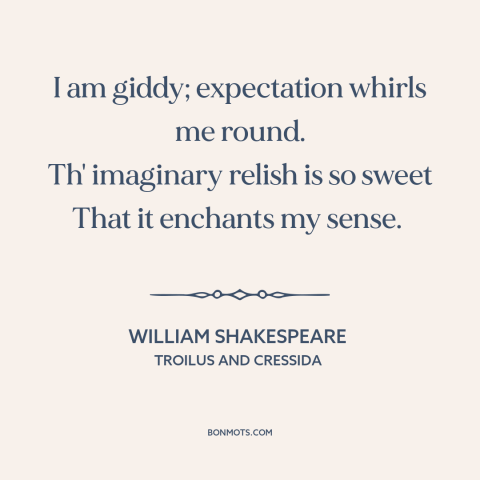 A quote by William Shakespeare about anticipation: “I am giddy; expectation whirls me round. Th' imaginary relish is so…”