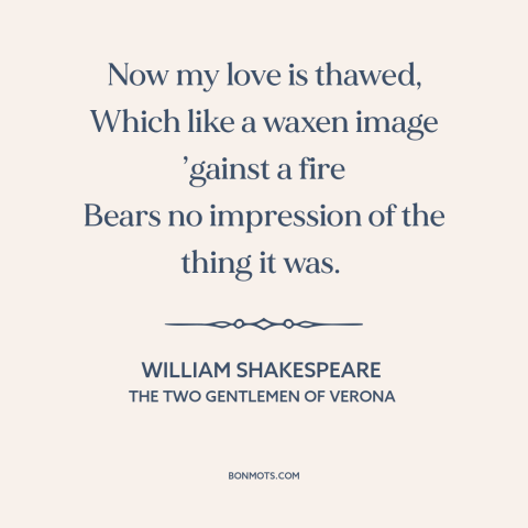 A quote by William Shakespeare about fading love: “Now my love is thawed, Which like a waxen image ’gainst a fire Bears…”