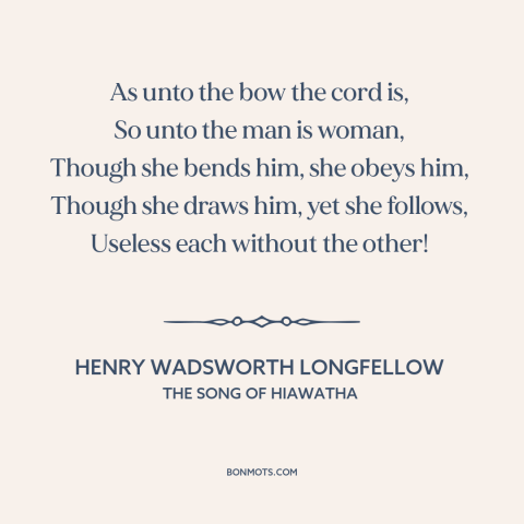 A quote by Henry Wadsworth Longfellow  about gender relations: “As unto the bow the cord is, So unto the man is woman…”