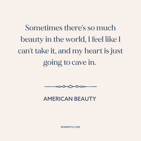 A quote from American Beauty about beauty: “Sometimes there's so much beauty in the world, I feel like I can't take…”