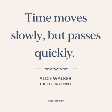 A quote by Alice Walker about nature of time: “Time moves slowly, but passes quickly.”