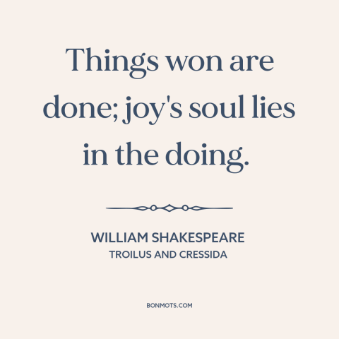 A quote by William Shakespeare about accomplishment: “Things won are done; joy's soul lies in the doing.”